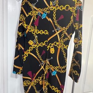 Fashion Nova Black Dress with Gold and Blue Chain Pattern